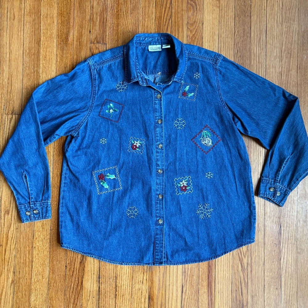 Classic Elements Blue Denim Embroidered Holiday Button Down Size XL